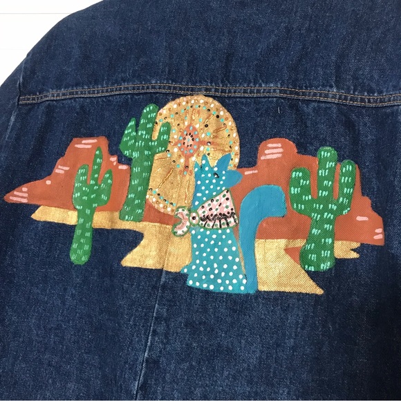 Vintage 90s Denim Southwestern Hand Painted Duster Long Jacket - Picture 8 of 9